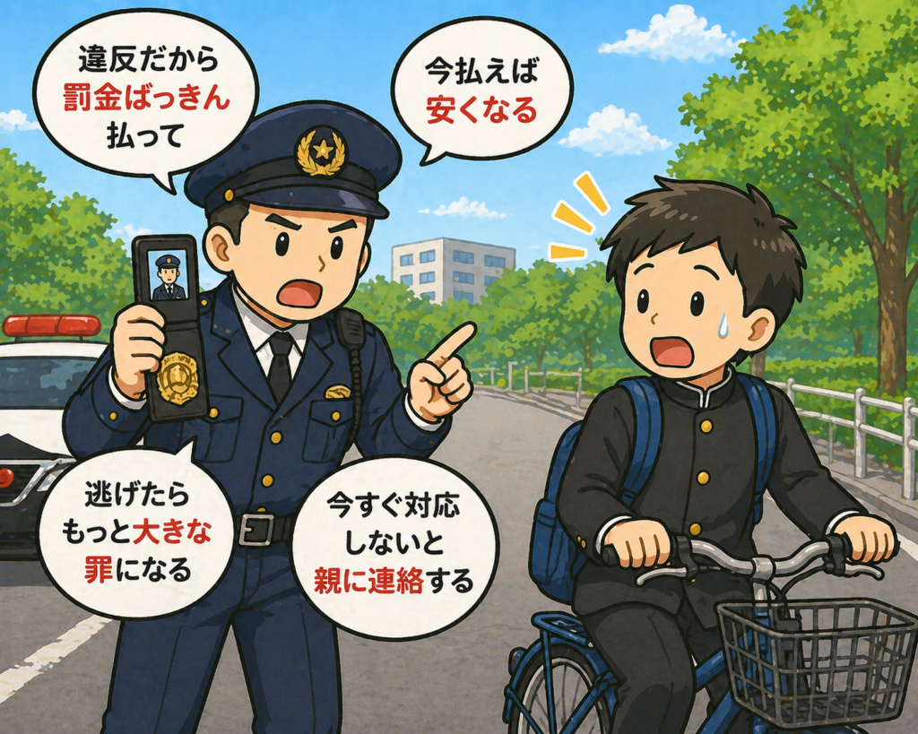 偽警官に指摘を受けている学生のイラスト