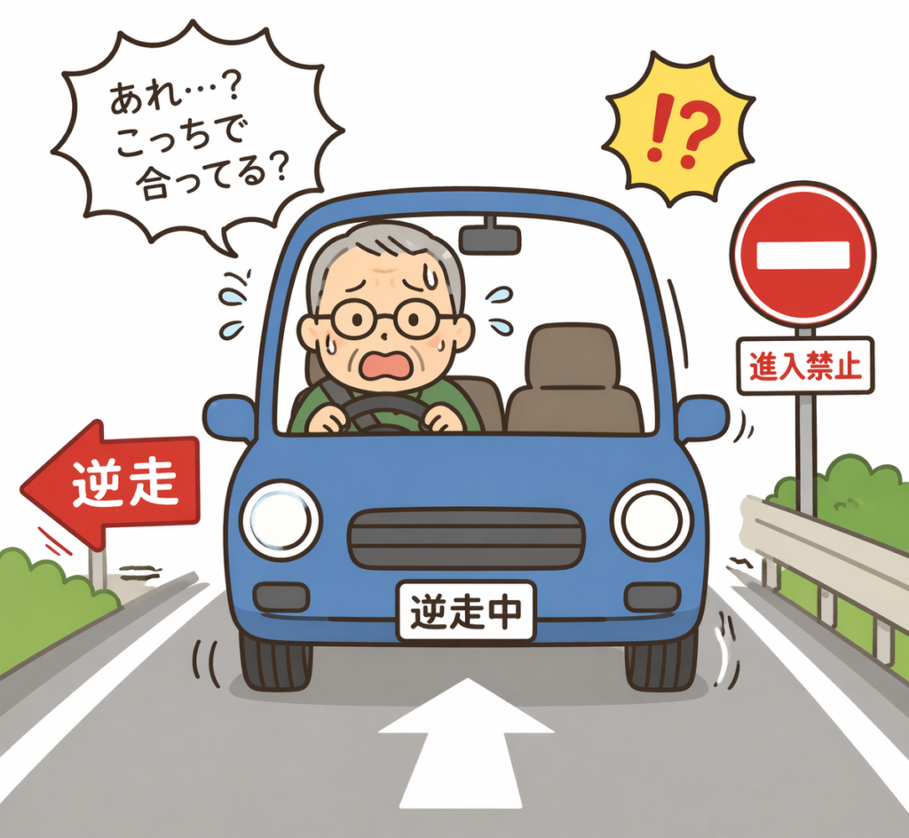 老人が逆走運転で焦っている