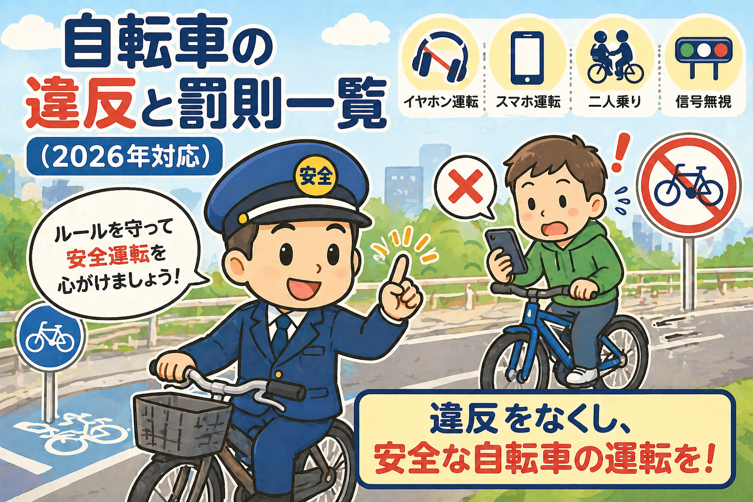 自転車に乗った安全くんが注意喚起
