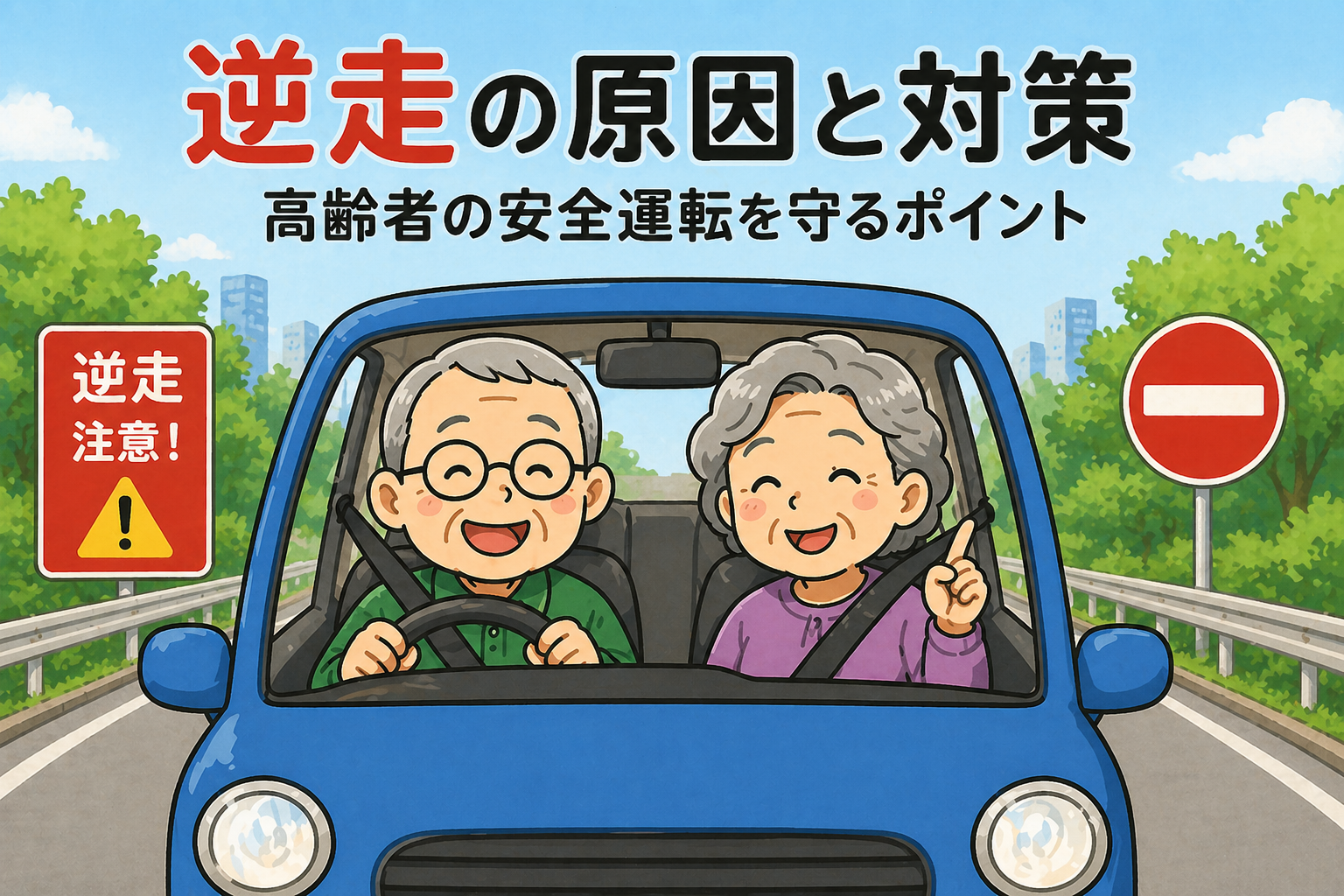 夫婦で車に乗っている絵